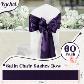 Eychei 60 Pcs Purple Satin Chair Sashes Bows, 7x108 inch Chair Bow Ties Back Silky Dining Chair Sashes Satin Chair Ribbon for Wedding, Party, Banquet, Restaurant, Hotel Event, Chair Cover Decorations