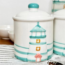 Darthome Lighthouse Kitchen Canisters Set Of 3 Glazed Ceramic Seaside Lidded Storage Jars