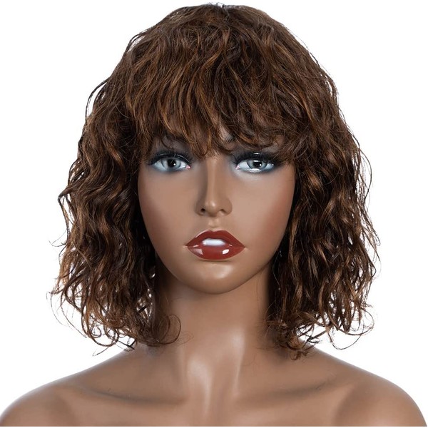 FASHION IDOL Bob Wig Human Hair Curly for Black Women 10 Inch Brazilian Virgin Human Hair Short Wavy Deep Water Wig with Fringe