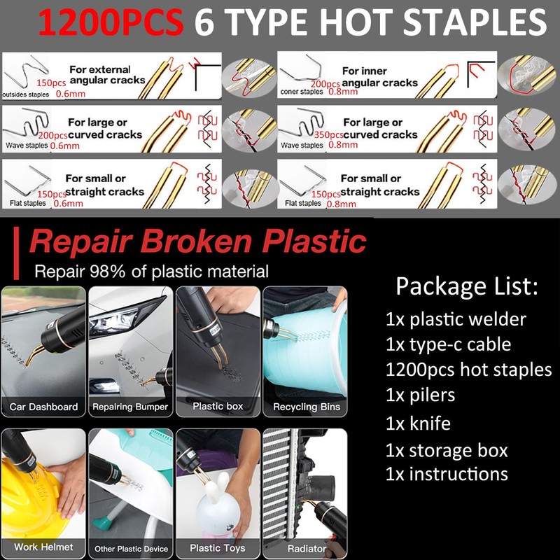 200W Cordless Plastic Welder, Plastic Welding Kit with 1200PCS Hot