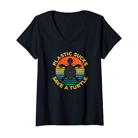 Womens Plastic Sucks Save A Turtle V-Neck T-Shirt