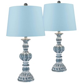 Regency Hill Tanya Country Cottage Traditional Style Table Lamps 26.5" High Set of 2 Blue Wash Resin Fabric Hardback Drum Shade Decor for Living Room Bedroom House Bedside Nightstand Home