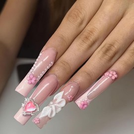 Extra Long Square Press on Nails Pink French Tip Stick on Nails Glossy False Nails with Flower Pearl Heart Embossed Design Acrylic Nails Glue on Nails Full Cover Fake Nails for Women 24 Pcs