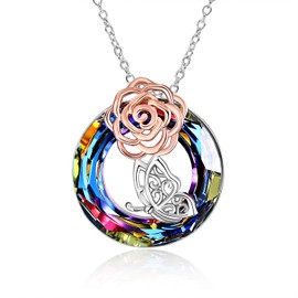 YFN Butterfly Rose Necklaces Sterling Silver Crystal Pendant Flower Butterfly Jewelry Gift for Women