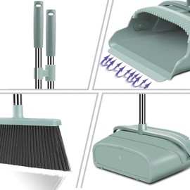 Broom and Dustpan Set, Long Handle Sweep Combo for Home Office Kitchen Lobby Shop,Upright Dustpan,4 Row of Dense Bristles Sweeper Broom,Indoor&Outdoor Cleaning,Stand Up Broom Dust pan Set,Green