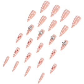 Press on nails AHC10, MouyouGlow Press on Nails Long, Stiletto Pink Checkered Strawberry Strawberry 3D Planets Charms Fake Nails with Nail Glue, Y2K Artificial Fingernails