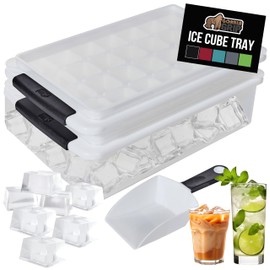 GORILLA GRIP Stackable Ice Cube Tray and Bucket Set for Freezer, Includes 2 Trays with Lid and Scooper, Easy Release, Makes 56 Cubes for Cocktail Soda Coffee, Leak Proof Bin Kit, Kitchen Tools, Black
