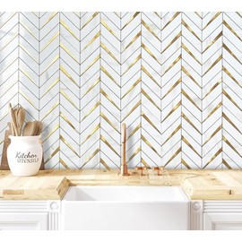 DICOFUN Polished White Marble PVC Mixed Metal Gold Herringbone Tile Peel and Stick Backsplash, Stick on Backsplash for Kitchen and Bathroom Wall