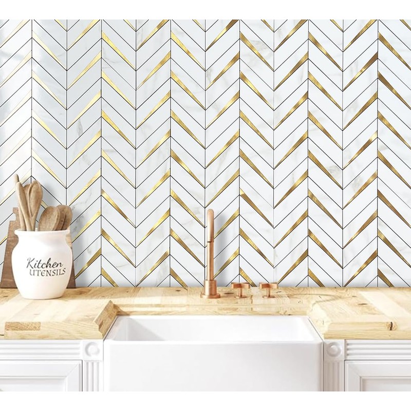 DICOFUN Polished White Marble PVC Mixed Metal Gold Herringbone Tile