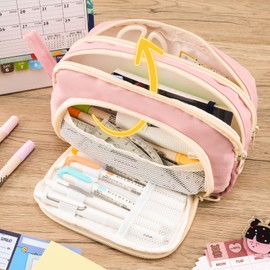 COLOCASTLE Pencil Case with 3 Compartments Pencil Case Large Capacity Pencil Case Girls Boys Teenagers Adults Pencil Case with Carry Handle for School Office, pink, School bag