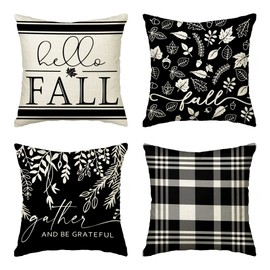 AVOIN colorlife Hello Fall Throw Pillow Covers 18x18 Set of 4, Autumn Thanksgiving Gather and Be Grateful Harvest Decoration for Home