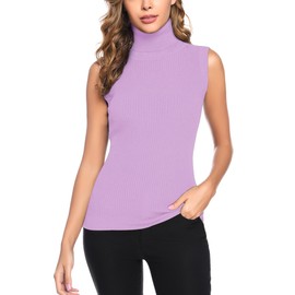 Gyabnw Knitted Vest Women Turtleneck Sweater Sleeveless Jumpers Roll Neck Tank Top Light Purple