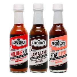 Adoboloco Hot Sauce Fiery Chili Pack (3-Pack) 5oz Spicy Hamajang, Kolohekid, FIYA! FIYA! Extremely Tasty Fiery Chili Pepper Sauce Bundle
