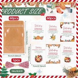 Gueevin 60 Pcs Christmas Stovetop Potpourri Gifts Kraft Paper Pouch Stand up Resealable Pouches Bags with Window Simmer Instruction Stovetop Potpourri Paper Tags and Rope for Teacher Neighbor