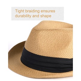 FURTALK Fedora Straw Sun Hat for Men Women Foldable Roll Up Short Brim Trilby Hat Panama Beach Hat UPF 50+ (Khaki, Large)