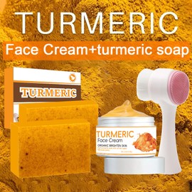 2PCS Turmeric Soap Bar with Cream and Brush - Natural Kojic Acid, Collagen, Vitamin C, Dark Spot Remover for Even Skin Tone, Acne, Dark Spots, Smooth Skin