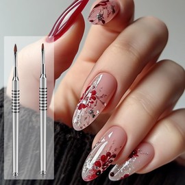 2 Pack 3D Nail Art Brush for Acrylic Powder, Kolinsky Acrylic Nail Brushes Set, Nail Lining Brush Nail Salon Painting Brush Pen with Non-Slip Handle, Silver Metal Nail Art Pen (Size #2#4)
