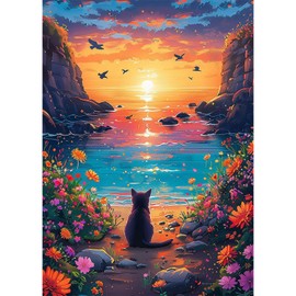 EOBROMD 5D Cat Diamond Painting Kits for Adults, Full Round Drill Seaside Diamond Art Kits, Landscape Crystal Art Kits for Home Wall Decor Gifts 30x40cm
