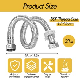 2Pcs Stainless Steel Flexi Pipes, with 2 Plastic Knobs Flexible Tap Connectors 300mm Flexible Connectors Hose Pipe 1/2" × 1/2" BSP Fitting for Bathroom Kitchen Toilet