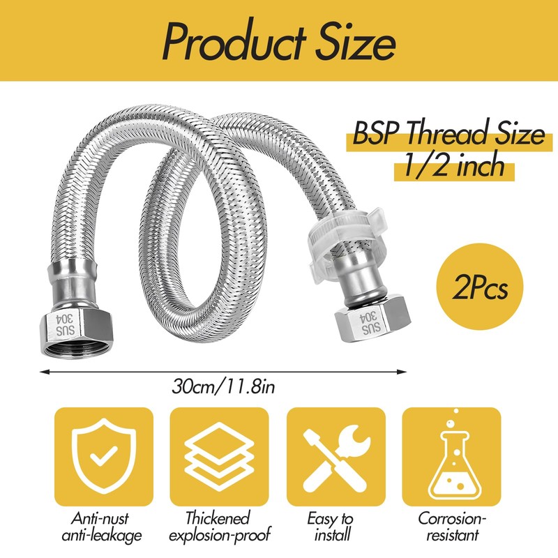 2Pcs Stainless Steel Flexi Pipes, with 2 Plastic Knobs Flexible