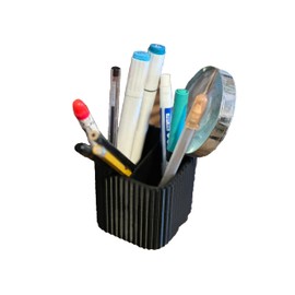 Modern Desk Pencil Holder with Divider, 2.8-inch Cube, Black Ribbed Design, Office Gift, Desk Organizer, Pencil Cup, Made in Texas, 1 ct