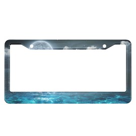 HOSNYE Full Moon on Sea License Plate Frame Night Romantic and Scenic Panorama Metal License Plate Cover Front Plates Frames Car Tag Frame for Women Men US Vehicles Standard