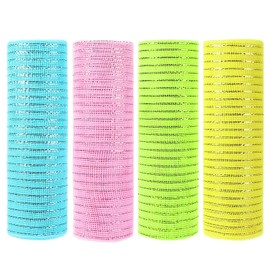 HONGCI 4 Rolls 10 Inches x 10 Yards Deco Poly Mesh Ribbon - Metallic Foil Deco Poly Mesh Set for Crafts, Wreaths, Loot, Bows and Garlands (Pink/Blue/Yellow/Green)