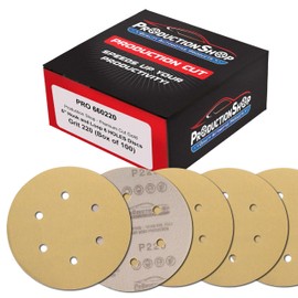 ProductionShop Premium 220 Grit 6" Gold Sanding Discs, 6-Hole Pattern, Box of 100 - Dustless Hook & Loop Backing Sandpaper for DA & Random Orbital Sanders, Sand Auto Paint, Wood Woodworking Furniture