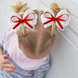 LMYMHMLM 2pcs Lace Hair Bows for Girls, White Lace and Red Hair Ribbons, Alligator Bow Hair Clips, Handmade Hair Accessories for Girls