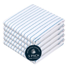 HEIRLOOM COMFORT Turquiose Blue Stripe Kitchen Towels, 5 Pack, 100% Cotton, Super Absorbent and Quick Dry, Classic Striped Towel Set, Durable Dish Cloths for Kitchen Use, Cleaning & Drying Dishes