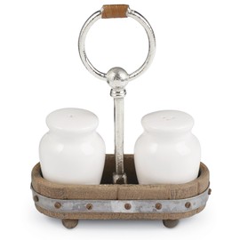 Mud Pie Ceramic Salt and Pepper Set in Wood Caddy, White