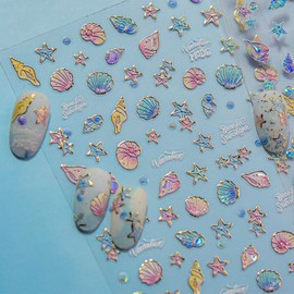 Summer Nail Art Stickers Decals Shiny Ocean Nail Sticker 1PCS 5D Self-Adhesive Sea Shell Starfish Nails Design Stickers Colorful Summer Marine Stickers for Women Nail Art Supplies Charms