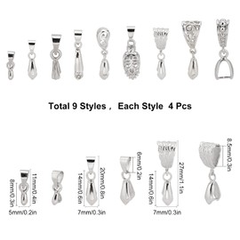 SUNNYCLUE 1 Box 9 Styles Pinch bails Brass Pendant Clasps Pinch Clasp Jewelry Connector Charm Findings for DIY Earring Bracelet Necklace Jewelry Making Supplies Craft, Silver