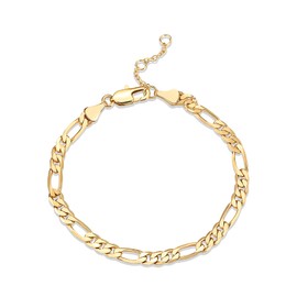 PAVOI 14K Gold Plated Paperclip/Curb/Figaro Chain Adjustable Bracelet for Women (Figaro-L, Yellow Gold Plated)