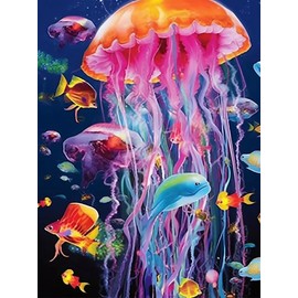 F-CANLAN Round Full Drill Diamond Painting Set, 5D DIY Underwater World Rhinestone Diamond Art Submarine Fish Diamond Painting Crafts Kit Adult Children Fish Diamond Painting Room Decor (12X16 inches)
