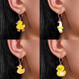 QLYOVWE Cute Duck Dangle Earring Set for Women 6 Pairs Dainty Gold Plated Yellow White Enamel Hoop Earrings Funny Cartoon Animal Design Fashion Jewelry Gifts (Gold)