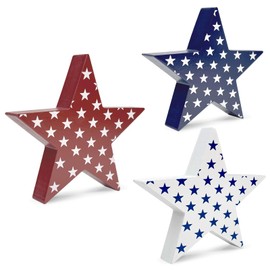 3 Pcs 4th of July Wooden Star Signs Decorations, Rustic Star Shape Tiered Tray, Memorial Day Decorations, Red Blue White Wood Star Blocks Table Signs