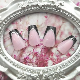 Short Press on Nails Coffin Black White French Tip Fake Nails Press ons Black and White Lines Silver Glitter Glue on Nails Light Pink Full Cover Acrylic Nails Artificial Stick on Nails for Women 24Pcs