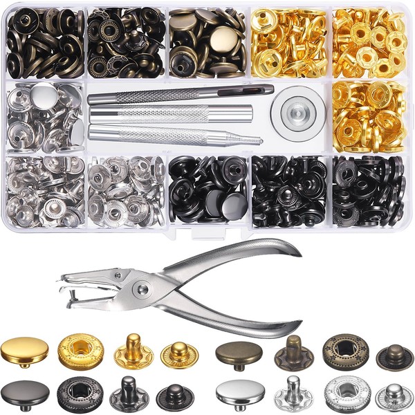 120 Set Sewing Snap Fasteners Kit Metal Snaps Button Press Studs with Punch Pliers and 4 Pieces Fixing Tool Kit for Clothes Craft Repairs Decoration, 4 Colors