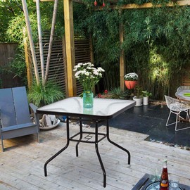 Tangkula 32" Patio Table Tempered Glass Top Metal Frame Outdoor Garden Poolside Balcony Dining Bistro Table (Square)