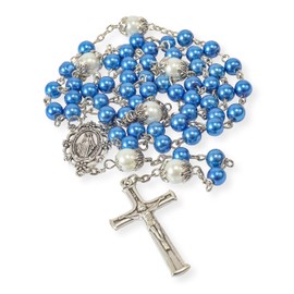 Nazareth Store - Rosario de abalorio de perlas blancas con abalorio de nuestro padre, medalla de Lourdes y crucifijo de devoción espiritual, Vidrio, Sin piedra preciosa