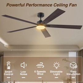 72" Large Smart Ceiling Fan with Lights Remote,Silent DC Motor,Control via WIFI Alexa Google App,Outdoor Indoor Modern Ceiling Fans for Big Living Room Patio,Dimmable,5 Blades Brown Black Walnut