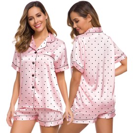SWOMOG Womens Silk Satin Pajamas Set Short Sleeve Button Down Sleepwear Loungewear 2 Pcs Pj Sets Pink Dots X-Small