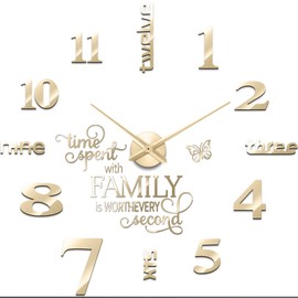 Junkin 3D Large Frameless DIY Wall Clock,Modern Decor Family Quote Wall Stickers Clock kit for Home Living Room Bedroom Office Wall Decorations Adjustable Size (Gold)