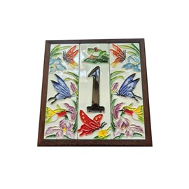 Hand-painted daytime pond-themed custom address ceramic house numbers tiles 15 x 4.8 cm | Optional brown and white frames (Letter B tile)