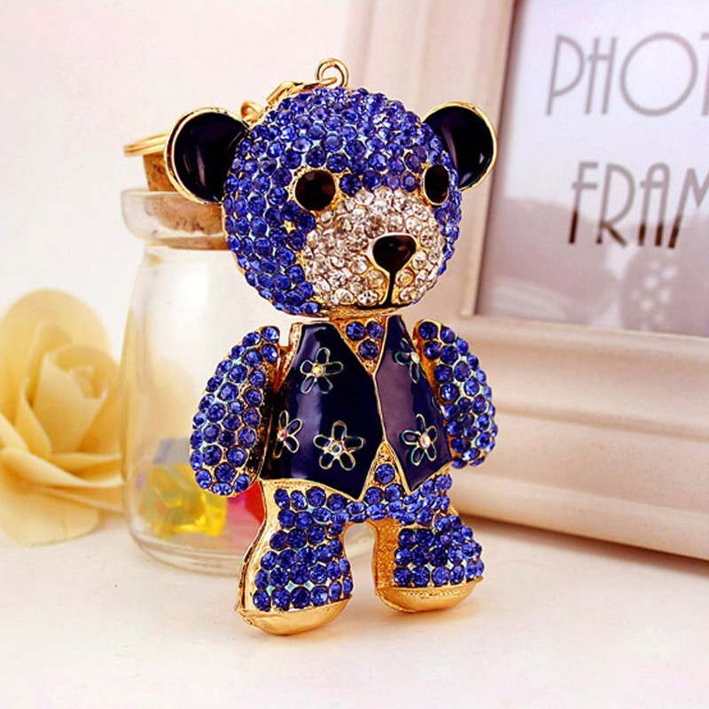 Bear Keychain Electroplate Long Bright Rhinestones Bear Keychain with Hook