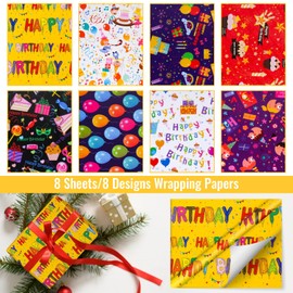 GAOHUI 8 Pack Wrapping Paper, Colourful Birthday Wrapping Paper with 10 Gift Tags, 2 Rope, Recyclable Gift Wrap Sheets Perfect for Birthday, Easter, Mothers Day, Baby Shower(70 X 50cm)