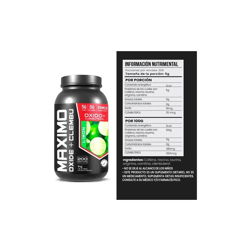 Óxido Clembu Maximo Protein 1kg Pre Entreno 200 Servs