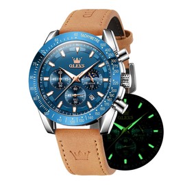 OLEVS Men's Quartz Watch Multifunction Chronograph Brown Leather Strap Waterproof Sports Night Light Fashion Calendar Simulation Watch Rose Shell Brown, 9957- White Shell Blue Face, Modern