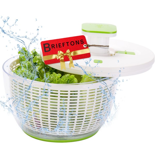 Brieftons QuickPush Salad Spinner: Large 6.3-Quart Vegetable Washer Dryer Strainer Drainer, Easy One-Handed Handle & Brake, Fast Spin Cycles, Compact Storage, to Wash, Clean & Dry Vegetables, Fruits